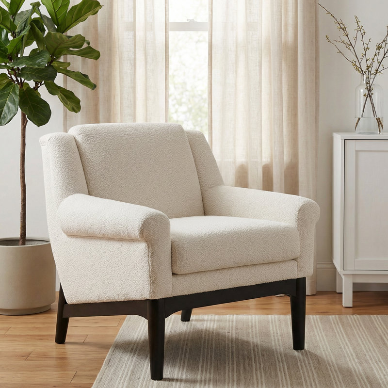 Fauteuil d'appoint rembourré moderne avec pieds en bois massif, Beige, Noir