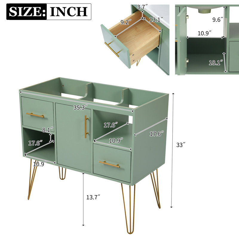 Armoire de salle de bain moderne 36 po, avec 2 tiroirs et compartiments, armoire en bois massif 36 po, espaces de meuble-lavabo,