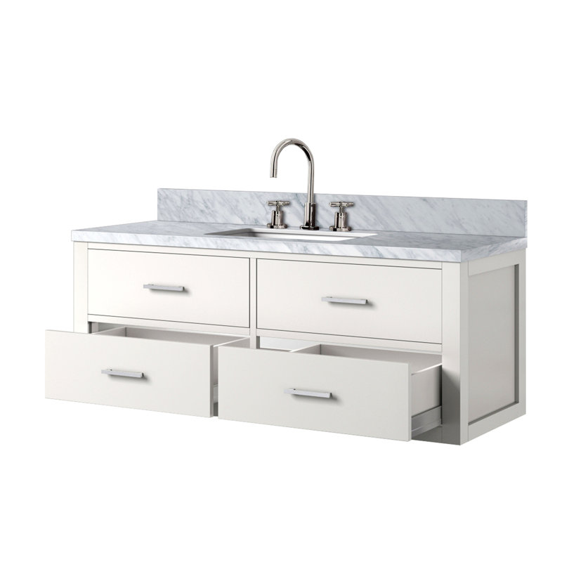 Meuble-lavabo simple 48 po X P 22 po D, dessus en marbre de Carrare et ensemble de robinet, Blanc, Nickel brossé, 48"