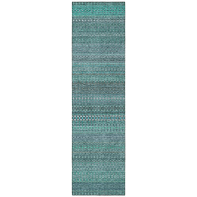 2' X 8' Turquoise Striped Washable Indoor Outdoor Runner Rug