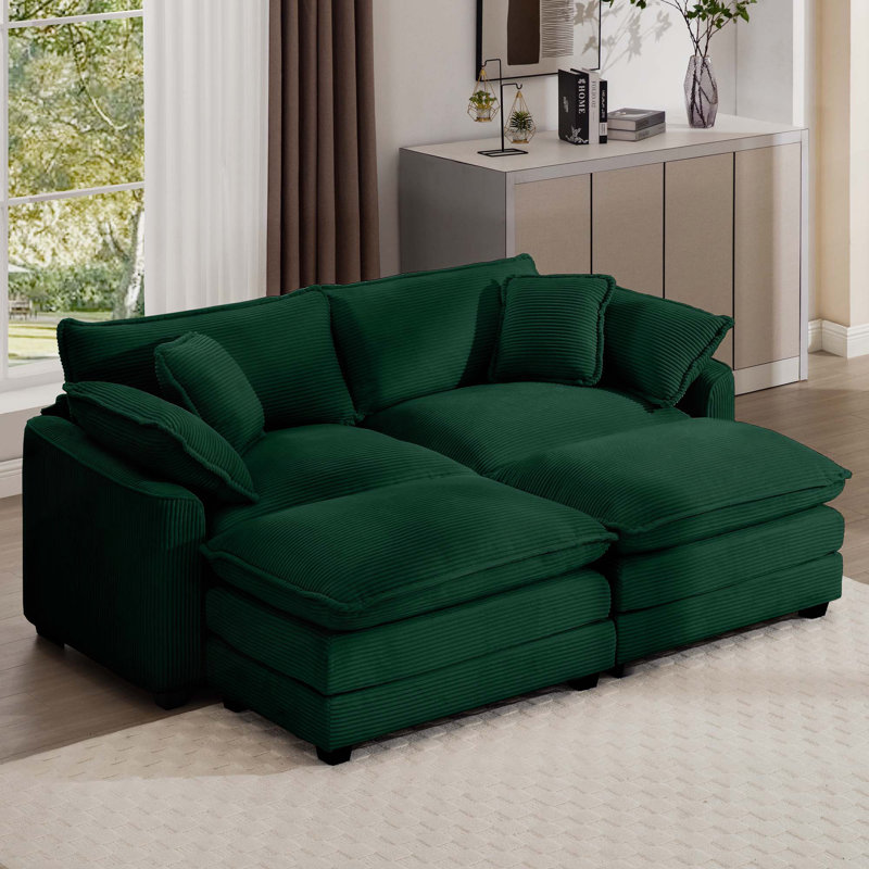 Canapé à deux places avec 2 repose-pieds et canapé à 2 places avec repose-pieds, Velours côtelé vert