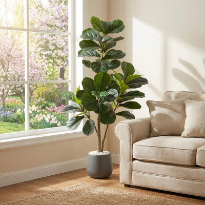 Figuier de 4 pi 4 feuilles, 48 feuilles, pot de fleurs gris, décor de plante d'intérieur