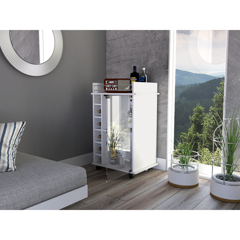 Dukat Bar Cart,Two Shelves, Six Built-in Wine Rack, Four Casters, White