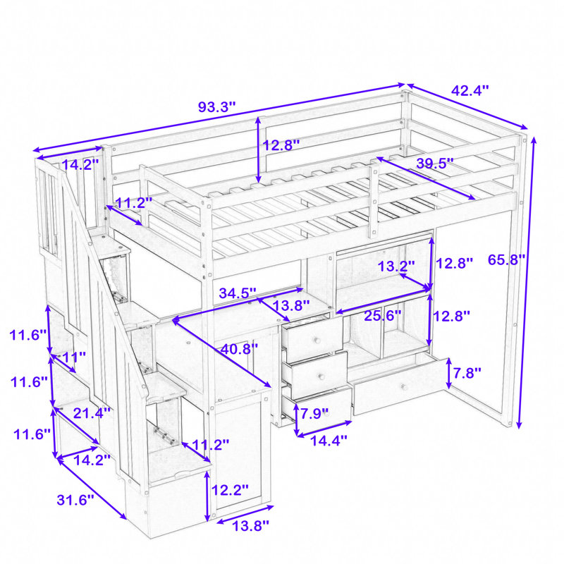 Haizley Kids Twin Loft Bed with Drawers, White