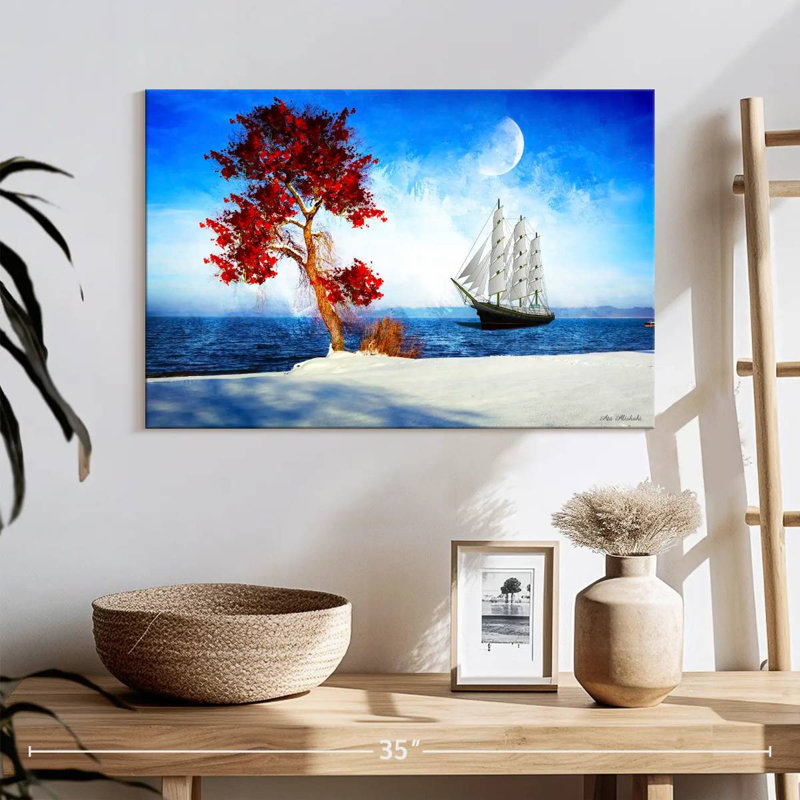 Arbre rouge Mehar et bateau, H 16 po x l 24 po
