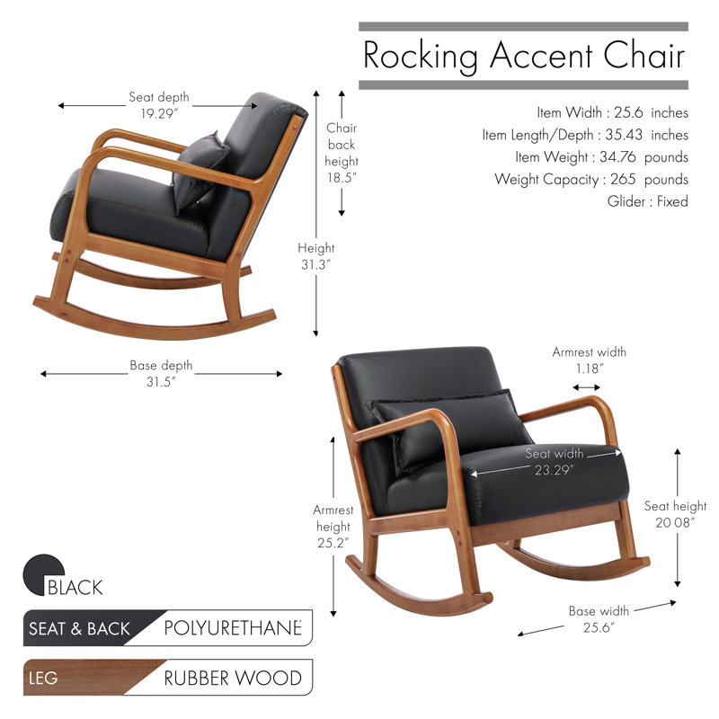 Fauteuil à bascule Corrigan Studio® Juni avec coussin, revêtement en polyuréthane et pieds en bois d'hévéa, Noir