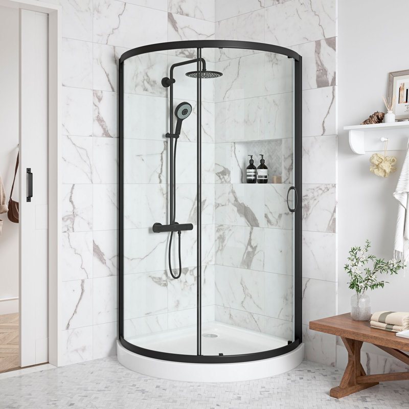 Ensemble de douche rond 33 po OVE Decors Breeze Premium avec base transparente, Noir