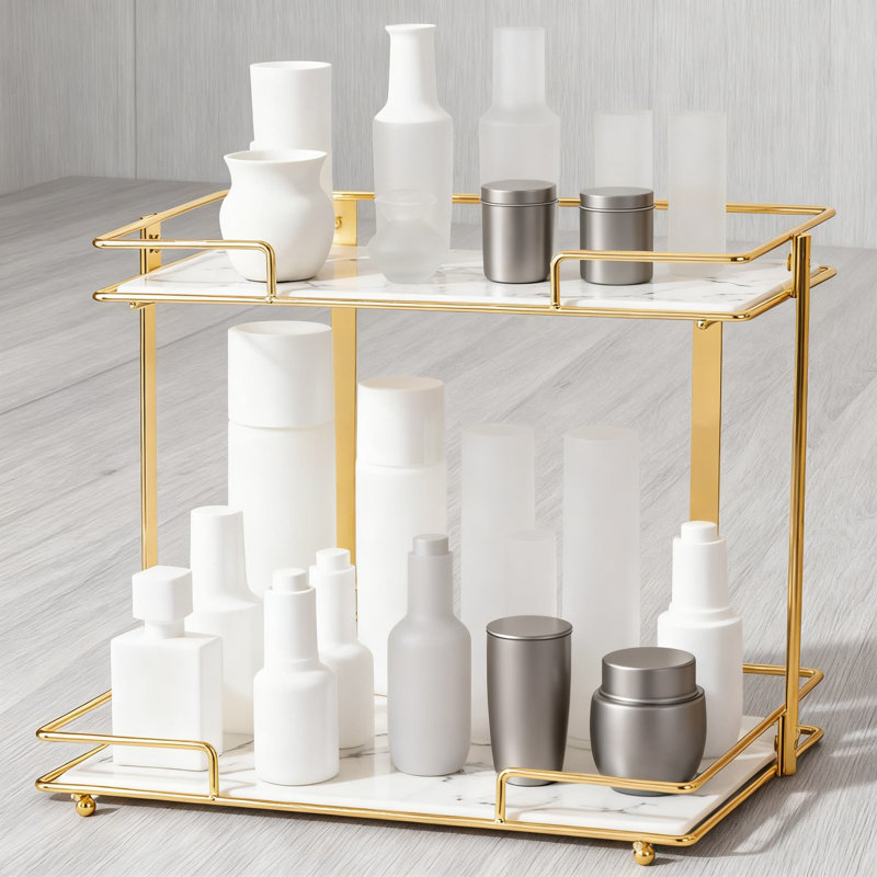 Organisateur de comptoir de salle de bain à 2 niveaux avec plateaux à motif de marbre, maquillage en métal robuste et étagère de rangement pour cosmétiques pour meuble-lavabo et commode