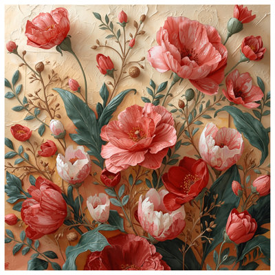 Toile tendue avec bouquet de pivoines rouges et roses