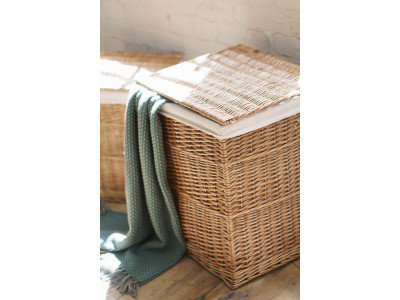 2 Piece Wicker Lined Laundry Basket Set, White Wash