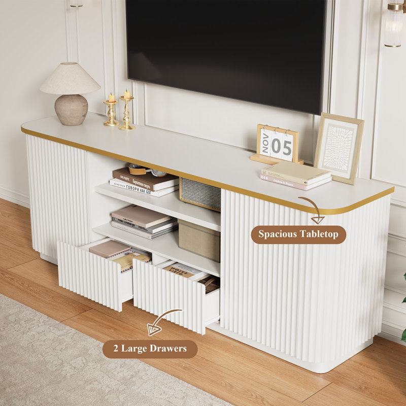 70"Fluted TV Stand for TVs Up to 80", Modern Entertainment Center with 2 Drawers & Cabinets, TV Console with Curved Profile Design