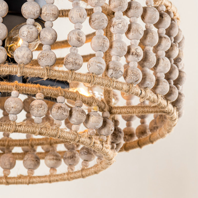 Plafonnier encastré 16 po à 3 lumières à 2 niveaux en bois perlé à intensité variable Boho