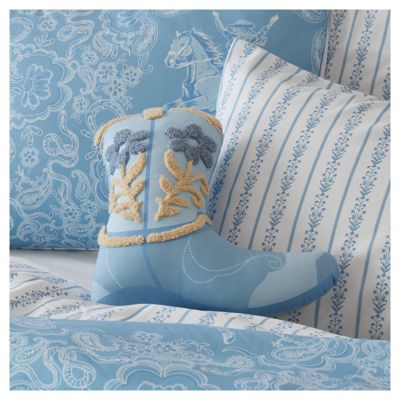 Ensemble de couette 4 pièces pour lit simple/simple XL avec motif western cowgirl et rayures florales réversible en microfibre bleue