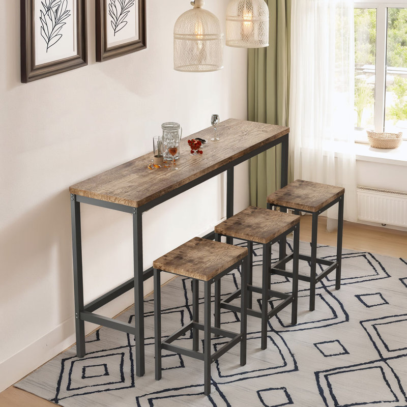 Long Dining Table Set with 3 Stools, Natural