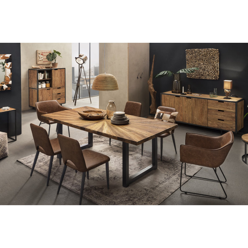 Samira Teak Solid Wood Top Metal Base Dining Table, Black, H75 x L160 x W90cm