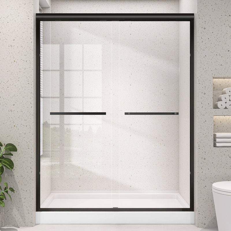 60" X 75" Shower Door Double Sliding Semi-Frameless With Matte Black & Nano Anti-Fog Easy-Clean Tempered Glass fro Bathroom