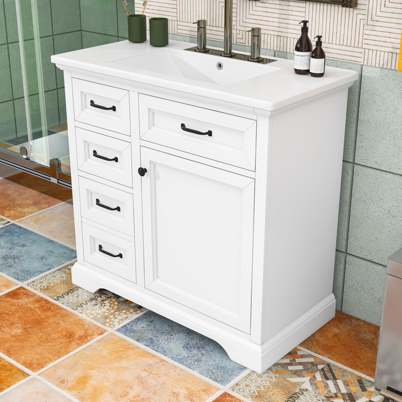 Meuble-lavabo autoportant avec lavabo en céramique, 4 tiroirs et tablette réglable, Blanc