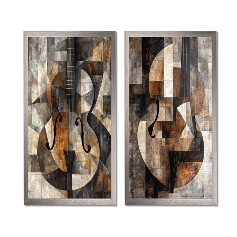 Mandoline dans des plans brisés I - Ensemble de 2 décorations murales cubistes, 40" H x 40" W, Silver Picture Framed