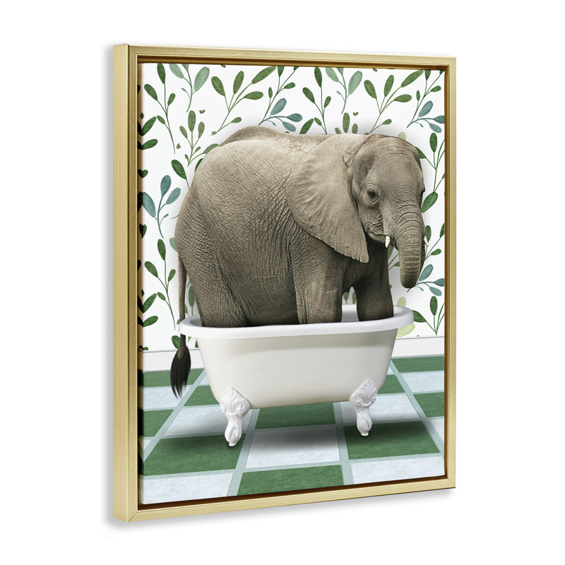 «Bathing Elephant on Green Floater», art mural sur toile par Marcus Prime, H 31 po x l 25 po, Cadre doré