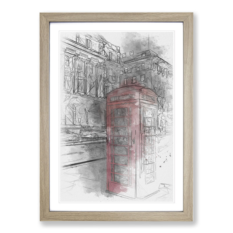 Red Telephone Box - Picture Frame Drawing, Oak Framed, 90cm H x 65cm W x 2cm D