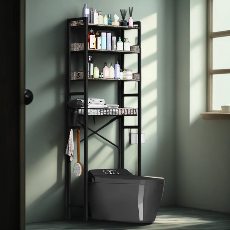 Étagère de rangement au-dessus de la toilette, organisateur de salle de bain autoportant à 4 niveaux avec tablettes réglables et panier de rangement, support de toilette peu encombrant pour la salle de bain et la salle de lavage