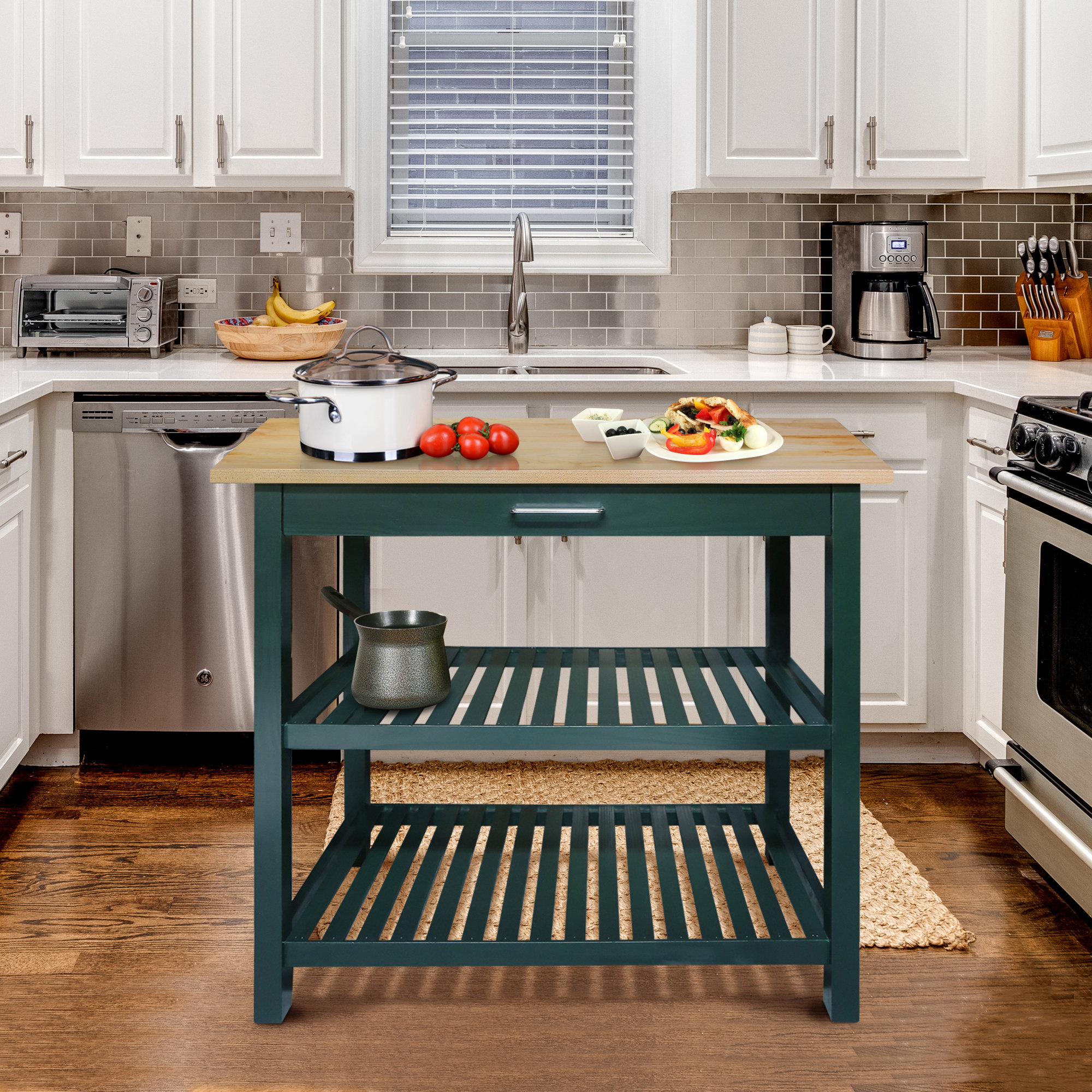 Herriott 40" Solid Wood Prep Table, Hunter Green/Natural, 36.5"H x 40"W x 20"D