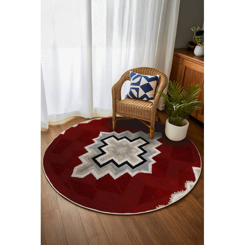Buckwalter Collection Digital Print Cotton-Polyester Burgundy Moroccan Rug, Round 3'4"
