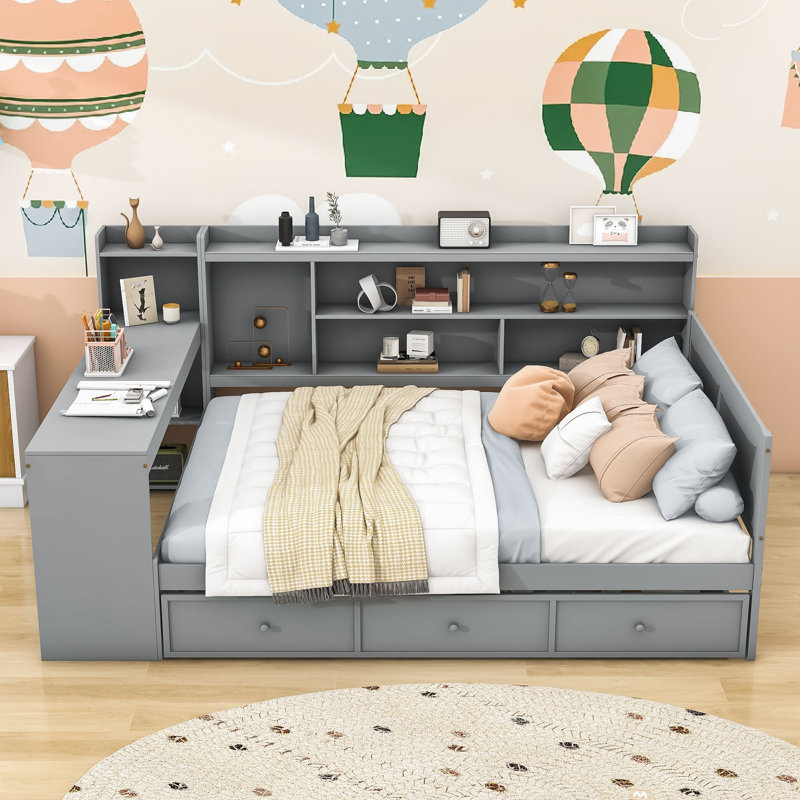 Lit de jour Assante avec bureau intégré et tiroirs de rangement intégrés, Gris, Double