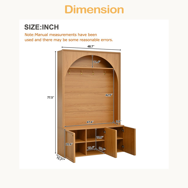 Farmhouse All-In-One Hall Tree With Adjustable Shelves, Retro Arched Entryway Storage Bench With 3 Cabinets, Natural