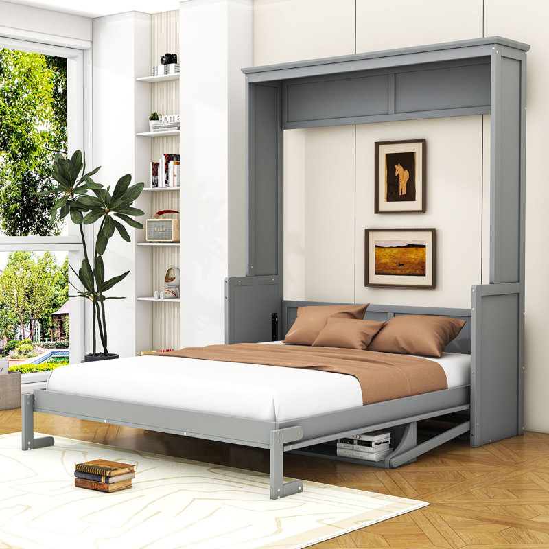 Queen Size Murphy Bed with Convertible Shelf and Headboard, Gray