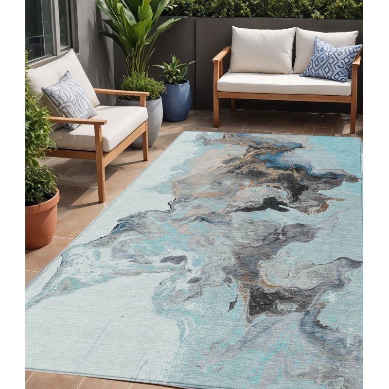 Tapis d'extérieur lavable abstrait bleu sarcelle et or 5 pi x 8 pi Fabre