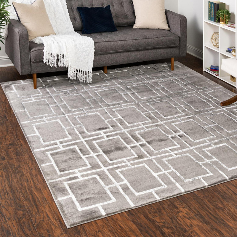 Tapis gris argenté à motif géométrique glam, Carré 7 pi 10 po