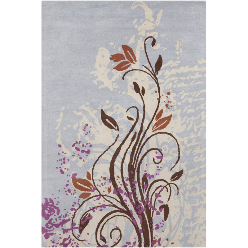 Tapis contemporain en laine de vigne à volutes asymétriques bleu clair, gris et crème Medford Authentic