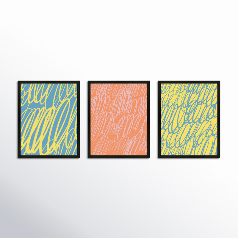 Color Squiggles Print by Jacques Pilon, Black Single Structure Framed Paper, 38" H x 90" W x 1.25" D
