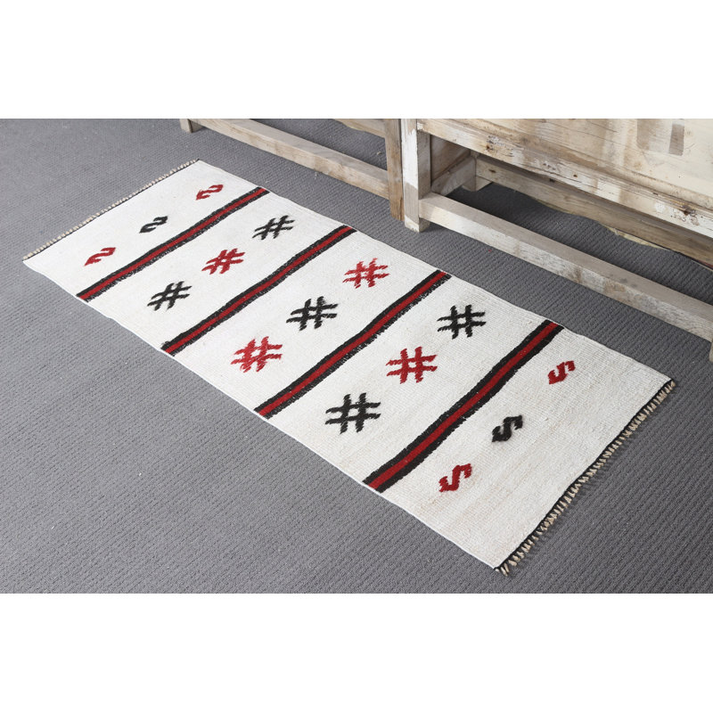 Handwoven Turkish Hemp Kilim Rug with White and Patterned Flat Weave for Entryway Spaces