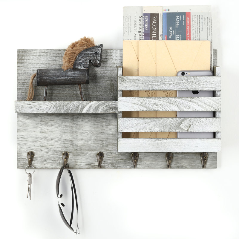 Porte-clés avec porte-clés et porte-lettres mural avec tablette et crochets, Gris