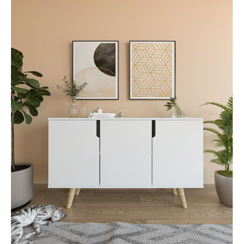 Buffet de 47 po de largeur Mid-Century moderne avec pieds en bois, Blanc