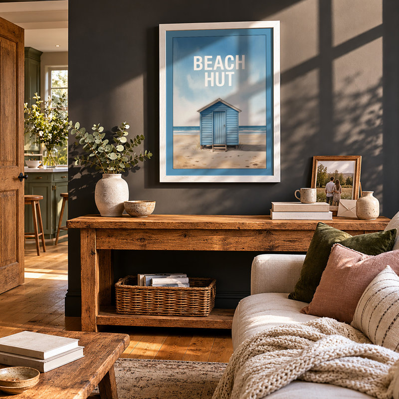 Solitary Beach Hut Coastal - Framed Print, A3 - 42.0 x 29.7 cm, White