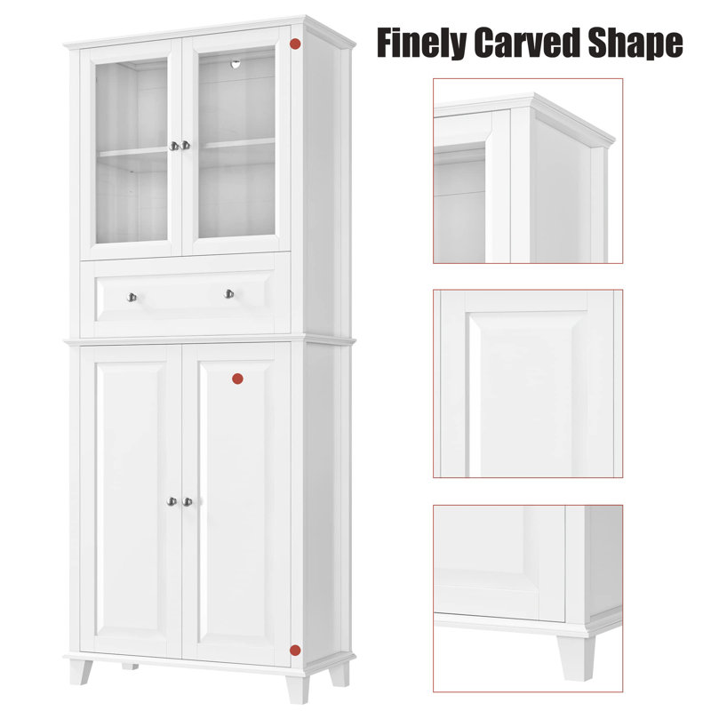 76'' White Freestanding Kitchen Pantry Cabinet with Glass Doors