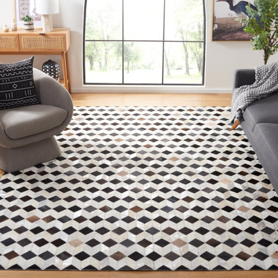 Tapis géométrique en laine / cuir tissé à la main Studio
