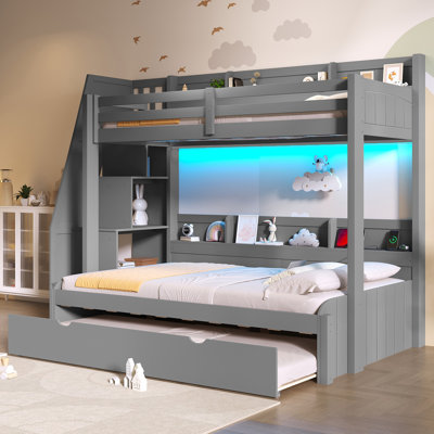 Lit superposé avec escalier de rangement, lit gigogne, tablettes de rangement, DEL et USB