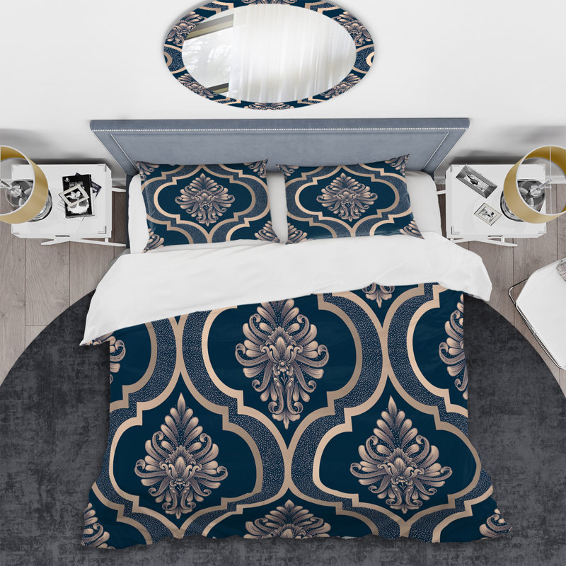 Ensemble de housse de couette en microfibre bleu / doré 3 pièces, Housse de couette pour très grand lit et 2 très