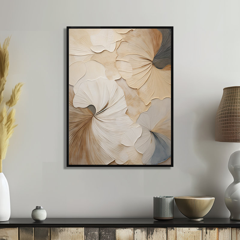 «Beige minimalisme élégance en fleurs», reproduction d'art sur toile, impression sur toile beige, H 32 po x l 24 po, Noir