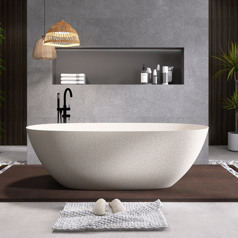 69'' Modern Freestanding Bathtub Resin Stone Soaking Bathtub Solid Surface Tubs With Overflow And Pop-Up Drain,Matte White