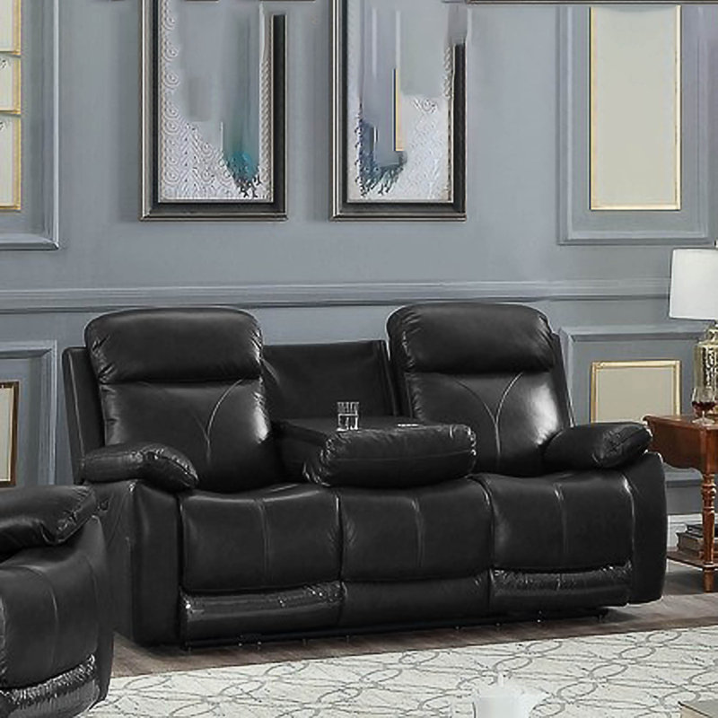 Canapé avec accoudoirs coussinés en cuir véritable 78 po Daliana, Cuir véritable noir