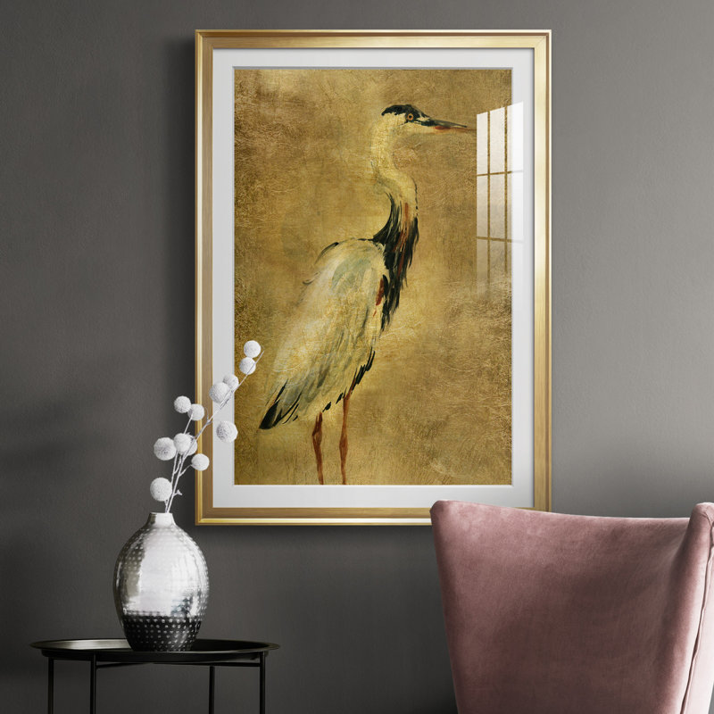 «Gold Crane at Dusk I», peinture sur toile encadrée, Or, H 26,5 po x l 36,5 po x P 1,5 po