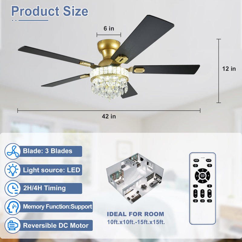 52 Inch Modern Crystal Ceiling Fan with Lights, Remote Controlled, Easy Installation, Safety Cable, 3 Color Temp & Memory Function