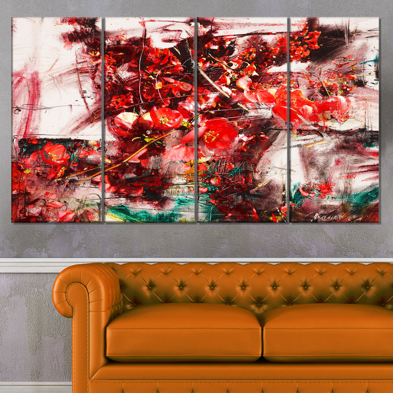 « red floral abstract background », ensemble de 4 impressions sur toiles tendues