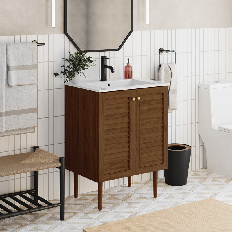 Meuble-lavabo autoportant 24 po Bron, Trou unique, Blanc, Chêne brun