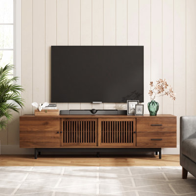 Meuble télé de 78 pouces avec portes coulissantes à lattes, deux tiroirs, trois tablettes réglables et charnières à fermeture douce – Console multimédia pour téléviseurs jusqu'à 85 pouces dans le salon et la chambre